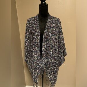 BCBG Kimono Womens One Size Cover Up Open Front Duster Boho Colorful fringe